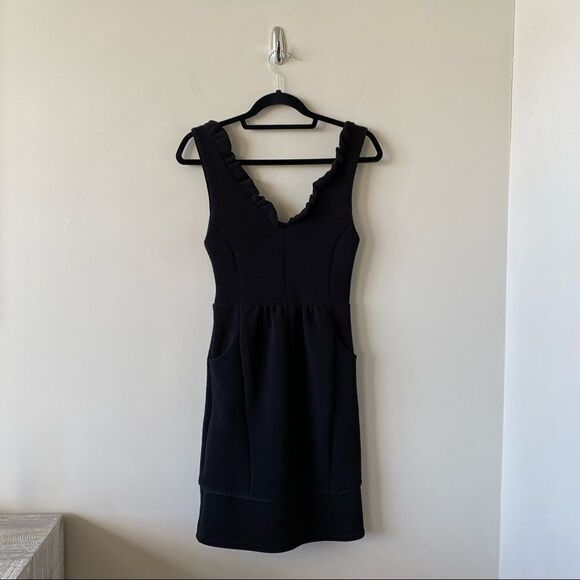 Anthropologie-Maeve Ruffled Ottoman Ribbed V Neck Black Dress (Size:XS) - Picture 2 of 14